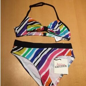 Cute Junior Gaultier™ 2 Pc With Bow Striped Girls Bikini Swimsuit $97 NWT Sz 8